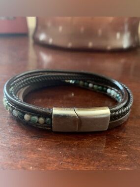 Men's Brown Leather Beaded Wrap Bracelet with Magnetic Clasp